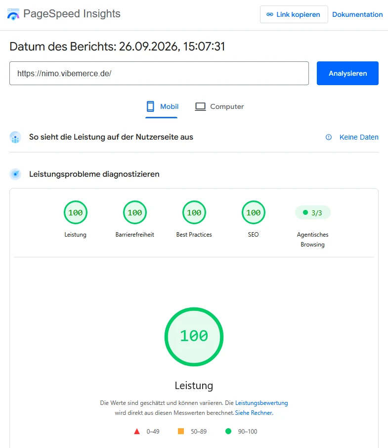 PageSpeed Ergebnis NIMO